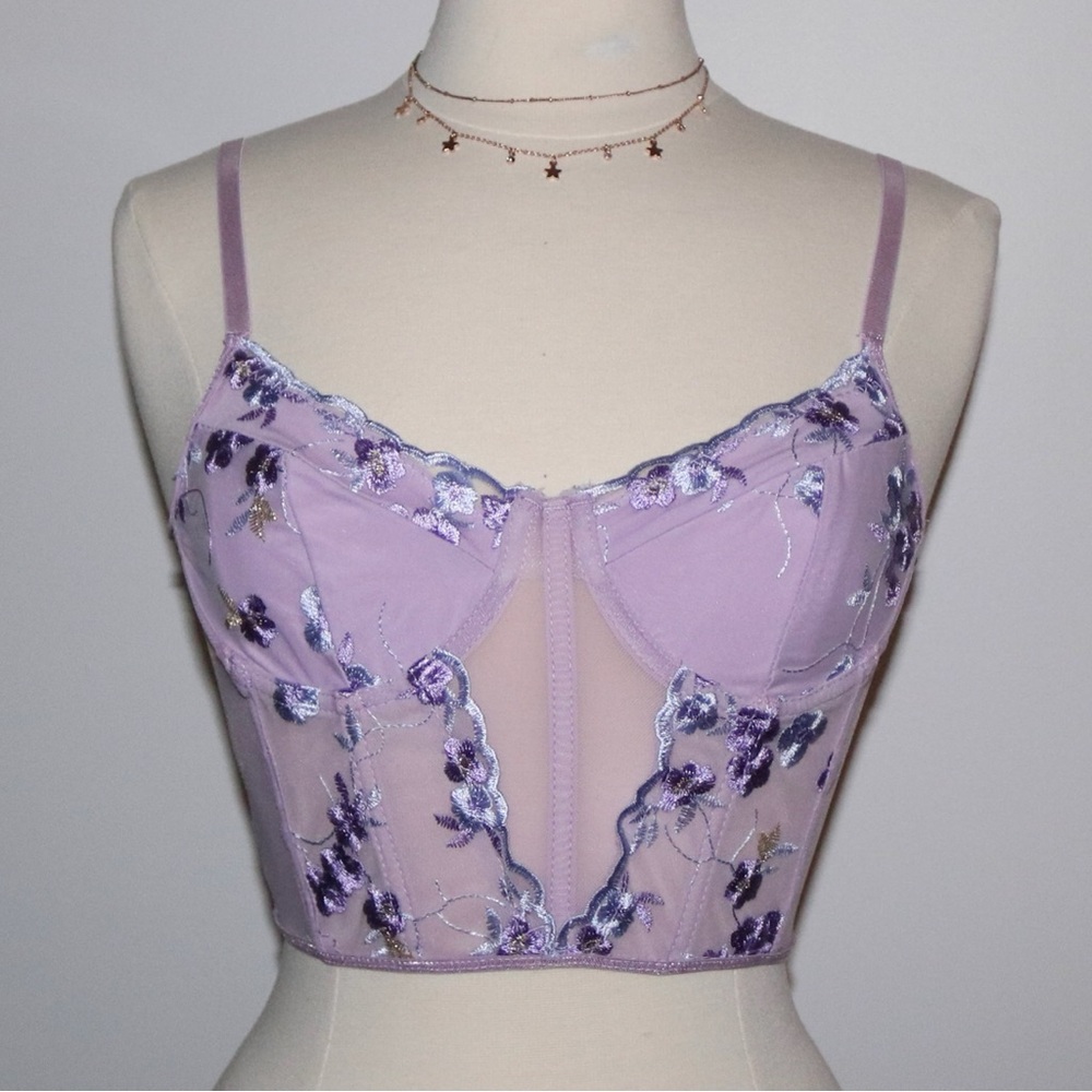 Purple corset top with floral embroidery detailing